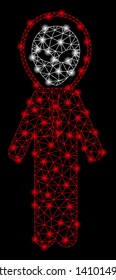Bright mesh alien space suit with lightspot effect. Shiny wire carcass triangular mesh in vector format on a black background. Abstract 2d mesh designed with triangular lines, dots,