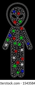 Bright mesh alien space suit with glare effect. White wire carcass polygonal network in vector format on a black background. Abstract 2d mesh built from polygonal grid, round dots,