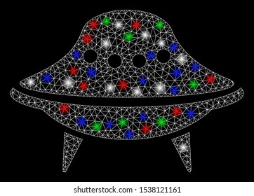 Bright mesh alien spaceship with glow effect. White wire carcass triangular mesh in vector format on a black background. Abstract 2d mesh designed with triangular lines, points, colored flash spots.