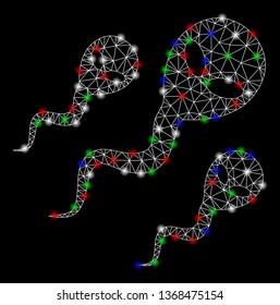 Bright mesh alien sperm with glare effect. White wire frame polygonal mesh in vector format on a black background. Abstract 2d mesh designed with triangular lines, spheric points,