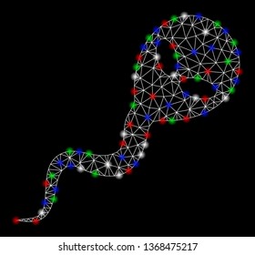 Bright mesh alien spermatozoon with glare effect. White wire frame triangular mesh in vector format on a black background. Abstract 2d mesh designed with polygonal grid, spheric points,