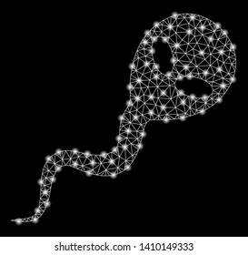 Bright mesh alien spermatozoon with glare effect. Shiny wire carcass polygonal mesh in vector format on a black background. Abstract 2d mesh designed with polygonal grid, points, glowing flash spots.