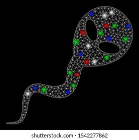 Bright mesh alien spermatozoon with glow effect. White wire carcass triangular mesh in vector format on a black background. Abstract 2d mesh designed with triangular lines, dots, colored light spots.