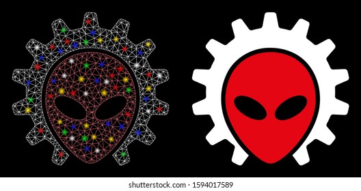 Bright mesh alien technology icon with glow effect. Abstract illuminated model of alien technology. Shiny wire frame triangular mesh alien technology icon. Vector abstraction on a black background.