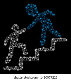 Bright mesh alien training help with glare effect. Shiny wire carcass polygonal network in vector format on a black background. Abstract 2d mesh designed with triangles, dots, glowing glare spots.