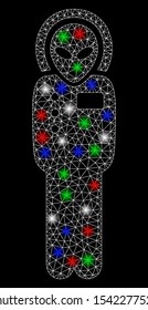 Bright mesh alien visitor space suit with glare effect. White wire frame triangular mesh in vector format on a black background. Abstract 2d mesh designed with triangles, dots, colorful glare spots.