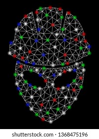 Bright mesh alien worker with glare effect. White wire frame polygonal mesh in vector format on a black background. Abstract 2d mesh built from triangular lines, round dots, colored glare spots.
