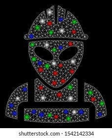 Bright mesh alien worker with glare effect. White wire carcass polygonal mesh in vector format on a black background. Abstract 2d mesh designed with polygonal grid, small circle, colorful light spots.