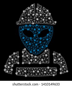 Bright mesh alien worker with lightspot effect. Shiny wire carcass triangular mesh in vector format on a black background. Abstract 2d mesh built from triangular lines, points, glowing flare spots.