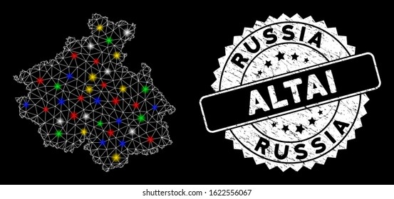 Bright mesh Altai Republic map with glare effect, and stamp. Wire frame polygonal Altai Republic map mesh in vector format on a black background. White round seal stamp with grunge texture.