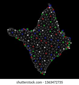 Bright mesh Amapa state map with glare effect. Wire carcass polygonal mesh in vector format on a black background. Abstract 2d mesh designed with triangles, round dots, colorful glare spots.