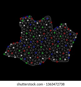 Bright mesh Amazonas State map with glow effect. Wire carcass polygonal mesh in vector format on a black background. Abstract 2d mesh designed with polygonal grid, points, colorful flare spots.