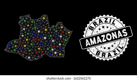 Bright mesh Amazonas State map with glare effect, and seal stamp. Wire carcass triangular Amazonas State map mesh in vector format on a black background. White round seal stamp with grunge surface.