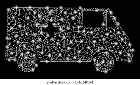 Bright mesh ambulance car with lightspot effect. Shiny wire carcass triangular mesh in vector format on a black background. Abstract 2d mesh designed with triangular lines, spheric points,