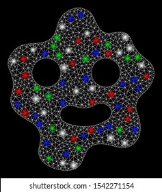 Bright mesh ameba with lightspot effect. White wire frame triangular mesh in vector format on a black background. Abstract 2d mesh designed with triangular lines, round dots, colored glare spots.
