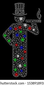 Bright mesh American capitalist with glow effect. White wire carcass polygonal network in vector format on a black background. Abstract 2d mesh designed with polygonal grid, dots, colored flare spots.