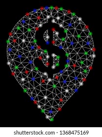 Bright mesh American Dollar marker with glare effect. White wire frame triangular mesh in vector format on a black background. Abstract 2d mesh designed with triangular lines, dots,