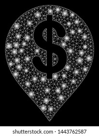 Bright mesh American Dollar marker with glow effect. Shiny wire carcass polygonal mesh in vector format on a black background. Abstract 2d mesh created from polygonal grid, points,