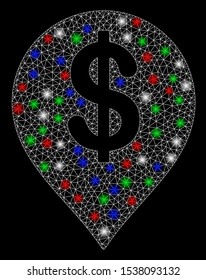 Bright mesh American Dollar marker with glow effect. White wire carcass triangular mesh in vector format on a black background. Abstract 2d mesh designed with triangular lines, small circle,