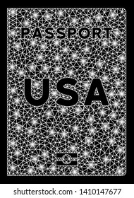 Bright mesh American passport with glare effect. Shiny wire frame polygonal mesh in vector format on a black background. Abstract 2d mesh designed with triangular lines, dots, glowing glare spots.