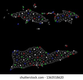 Bright mesh American Virgin Islands map with lightspot effect. Wire carcass polygonal mesh in vector format on a black background. Abstract 2d mesh designed with polygonal grid, dots,