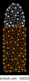 Bright mesh ammo bullet with lightspot effect. Shiny wire frame triangular mesh in vector format on a black background. Abstract 2d mesh designed with triangular lines, points, glowing flash spots.