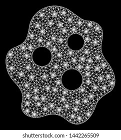 Bright mesh amoeba with glow effect. Shiny wire carcass triangular mesh in vector format on a black background. Abstract 2d mesh created from triangular lines, dots, glossy flare spots.