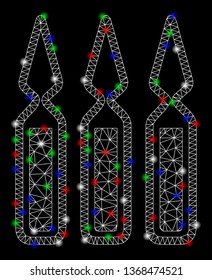Bright mesh ampoules with glare effect. White wire frame polygonal mesh in vector format on a black background. Abstract 2d mesh designed with polygonal grid, spheric points, colorful flash spots.