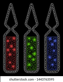 Bright mesh ampoules with glare effect. Shiny wire frame triangular mesh in vector format on a black background. Abstract 2d mesh designed with triangular lines, points, glowing flare spots.
