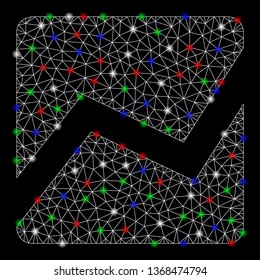 Bright mesh analytics chart with glare effect. White wire frame triangular mesh in vector format on a black background. Abstract 2d mesh designed with triangular lines, spheric points,