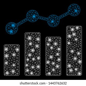 Bright mesh analytics with glow effect. Shiny wire frame polygonal mesh in vector format on a black background. Abstract 2d mesh created from polygonal grid, dots, glowing light spots.
