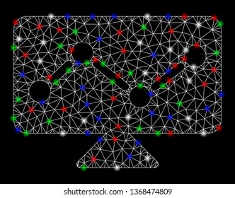 Bright mesh analytics monitoring with lightspot effect. White wire frame polygonal mesh in vector format on a black background. Abstract 2d mesh designed with triangles, spheric points,
