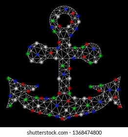 Bright mesh anchor with glow effect. White wire carcass triangular mesh in vector format on a black background. Abstract 2d mesh designed with triangular lines, round dots, colored flare spots.