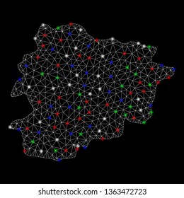 Bright mesh Andorra map with lightspot effect. Wire frame triangular mesh in vector format on a black background. Abstract 2d mesh designed with triangular lines, spheric points, colorful flare spots.