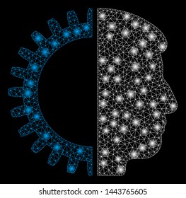 Bright mesh android head with glow effect. Shiny wire carcass polygonal network in vector format on a black background. Abstract 2d mesh designed with polygonal grid, round dots, glowing flash spots.