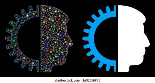 Bright mesh android head icon with glow effect. Abstract illuminated model of android head. Shiny wire frame polygonal mesh android head icon. Vector abstraction on a black background.