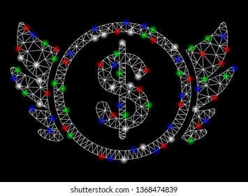 Bright mesh angel investment with lightspot effect. White wire carcass polygonal mesh in vector format on a black background. Abstract 2d mesh created from polygonal grid, round dots,