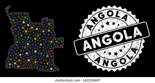Bright mesh Angola map with glare effect, and stamp. Wire carcass triangular Angola map mesh in vector format on a black background. White round stamp imprint with dirty surface.