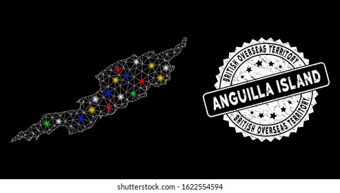 Bright mesh Anguilla Island map with glare effect, and seal stamp. Wire frame polygonal Anguilla Island map network in vector format on a black background.