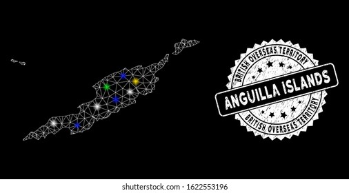 Bright mesh Anguilla Islands map with glare effect, and stamp. Wire frame triangular Anguilla Islands map network in vector format on a black background.