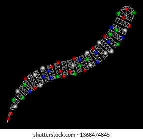 Bright mesh annelid worm with glare effect. White wire carcass polygonal mesh in vector format on a black background. Abstract 2d mesh built from polygonal grid, spheric points, colored flare spots.