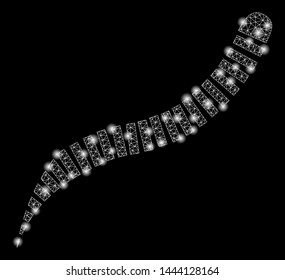 Bright mesh annelid worm with glow effect. Shiny wire carcass triangular mesh in vector format on a black background. Abstract 2d mesh designed with triangular lines, dots, glossy light spots.