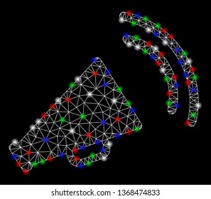 Bright mesh announce horn with lightspot effect. White wire carcass polygonal mesh in vector format on a black background. Abstract 2d mesh designed with polygonal grid, round dots,
