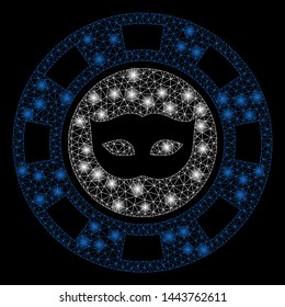 Bright mesh anonymous casino chip with glow effect. Shiny wire carcass polygonal mesh in vector format on a black background. Abstract 2d mesh designed with polygonal grid, dots, glossy light spots.