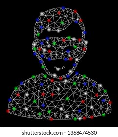 Bright mesh anonymous person with glare effect. White wire frame triangular mesh in vector format on a black background. Abstract 2d mesh created from triangles, round dots, colorful glare spots.