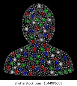 Bright mesh anonymous person with glare effect. White wire frame triangular mesh in vector format on a black background. Abstract 2d mesh designed with triangular lines, spheric points,