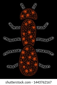 Bright mesh ant with glare effect. Shiny wire carcass triangular mesh in vector format on a black background. Abstract 2d mesh designed with triangles, points, glossy glare spots.