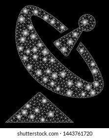 Bright mesh antenna with glow effect. Shiny wire frame triangular mesh in vector format on a black background. Abstract 2d mesh designed with triangular lines, dots, glossy glare spots.