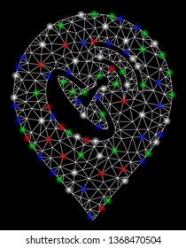 Bright mesh antenna map marker with glow effect. White wire frame triangular mesh in vector format on a black background. Abstract 2d mesh designed with triangular lines, points, colored light spots.