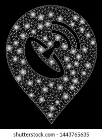 Bright mesh antenna marker with glare effect. Shiny wire frame triangular mesh in vector format on a black background. Abstract 2d mesh designed with triangular lines, points, glossy flare spots.